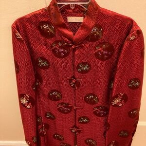 Kate Hill Red Silk/Rayon Jacket with Floral Patterns